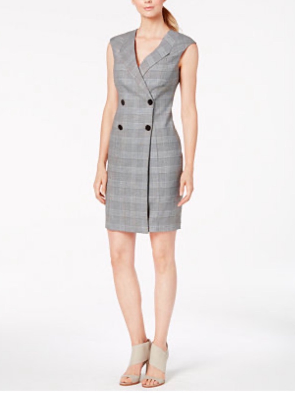 CALVIN KLEIN Blazer Dress Double-Breasted Glen Plaid Notched Collar V-Neck sz 12